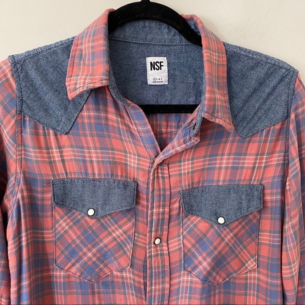 NSF Plaid Two Tone Pearl Button Down Shirt - Picture 3 of 9